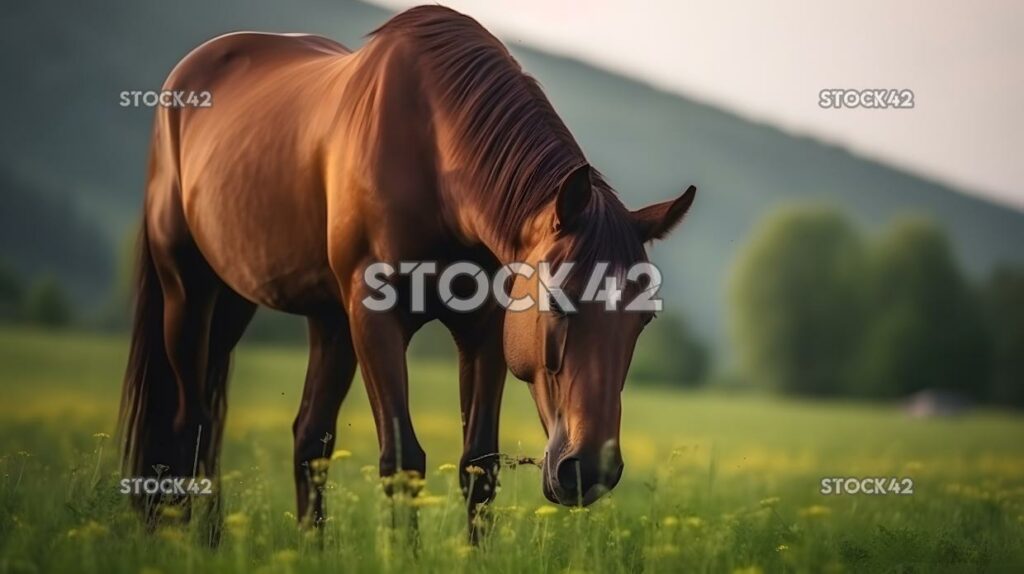 braunes pferd, das auf grünem gras in einem feld grast