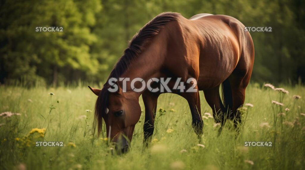 brown horse grazing on green grass in a field two