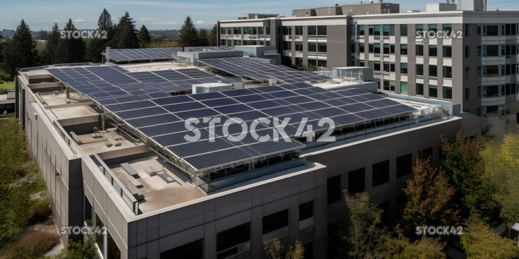 Edificio con una gran matriz de paneles solares en el techo