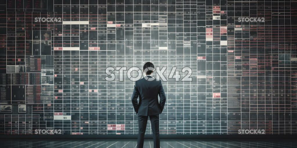 businessman standing confidently in front of a large wall