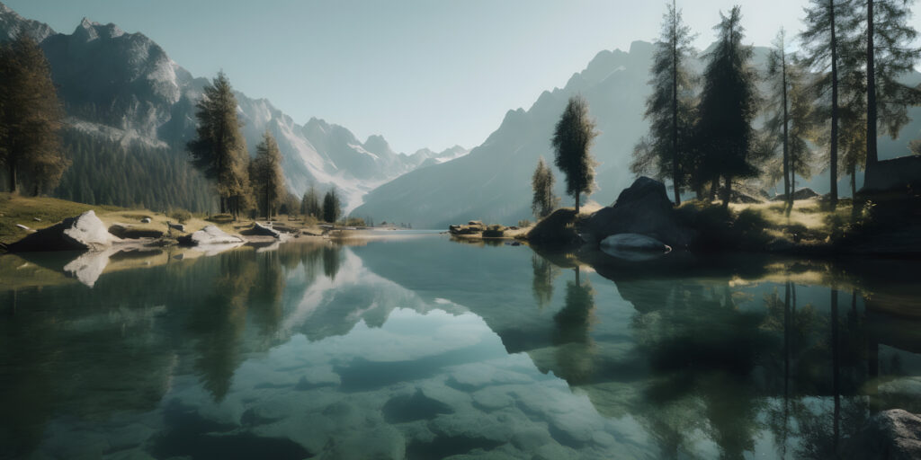 calm lake surrounded by mountains with a reflection of th one