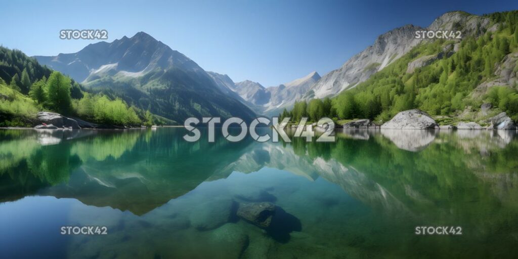 Lago tranquilo rodeado de montañas con un reflejo de los tres