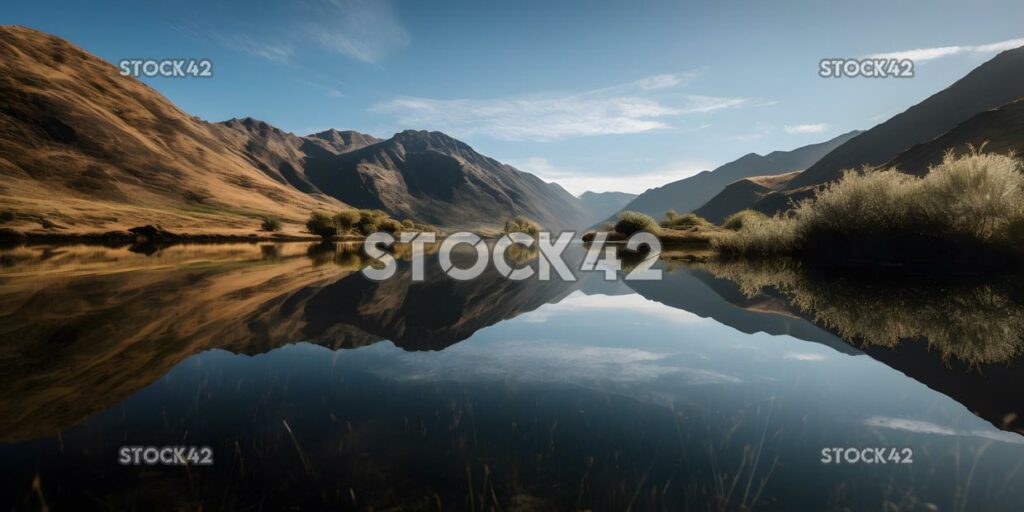 Lago tranquilo rodeado de montañas con un reflejo de los dos