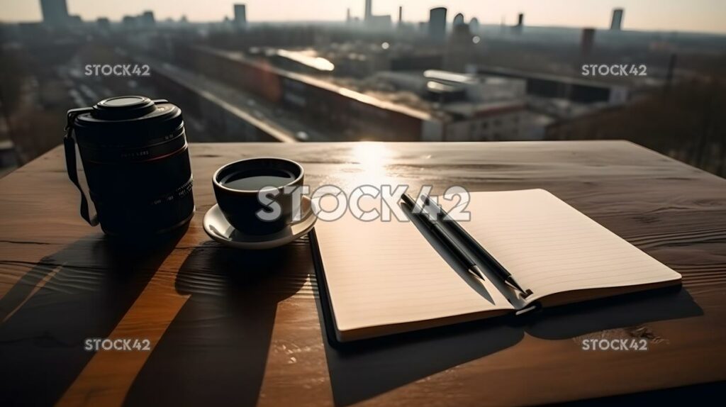 camera and a notebook lay on a wooden table with a citysc