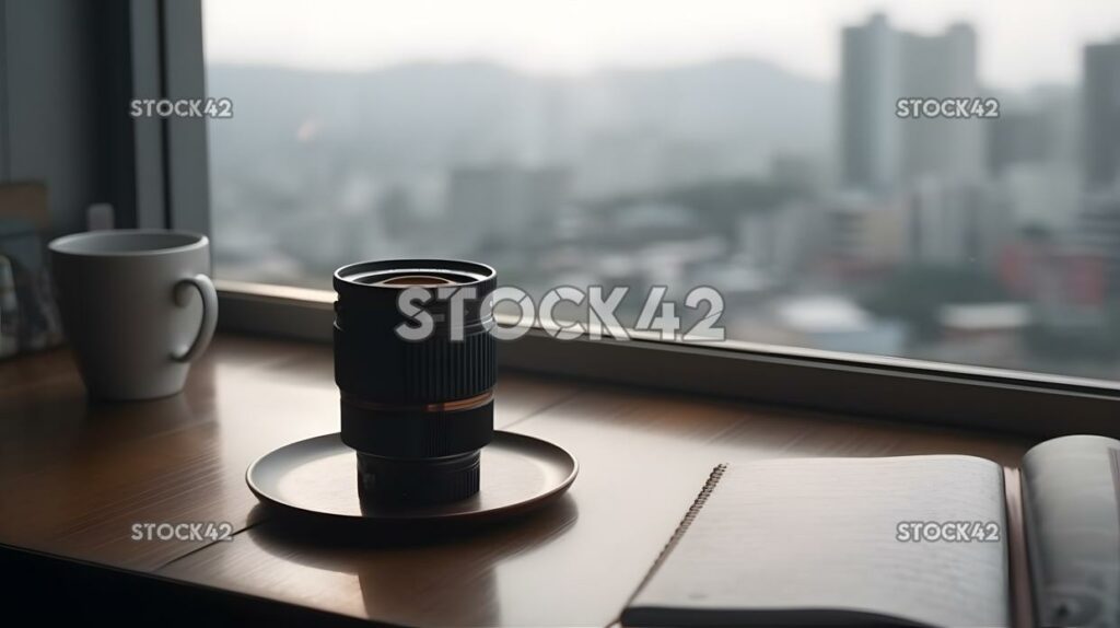 camera and a notebook lay on a wooden table with a citysc one