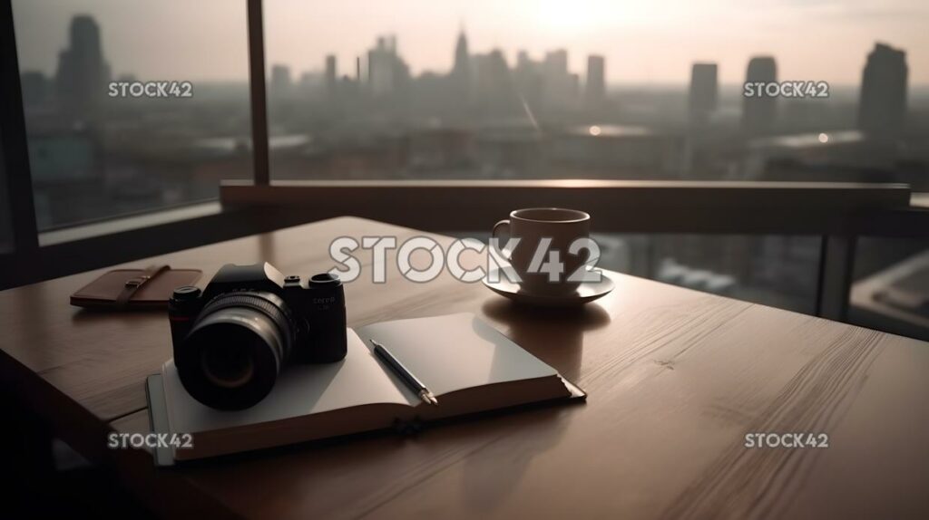 camera and a notebook lay on a wooden table with a citysc two