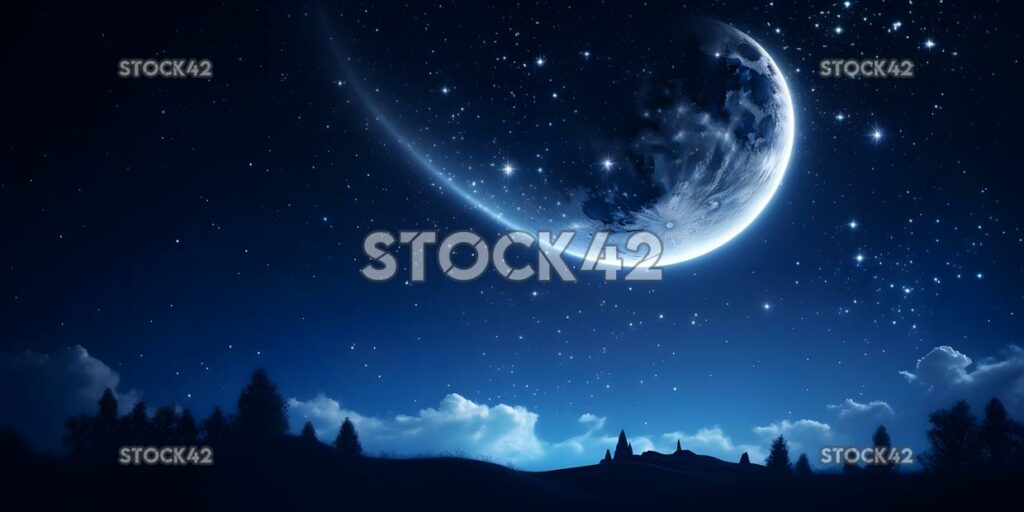 celestial background with a glowing moon and stars in a d three