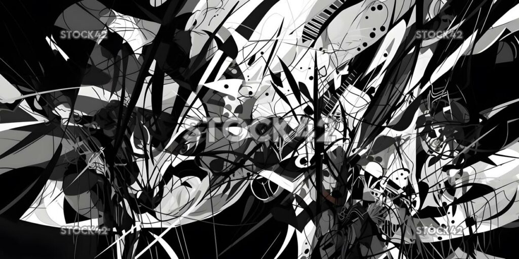 chaotic blend of black and white lines and shapes one