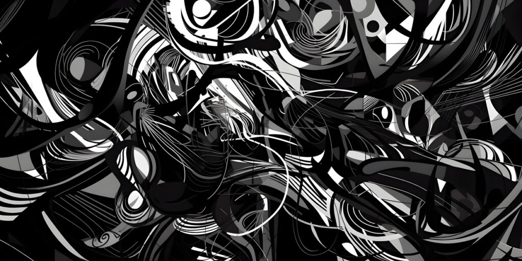 chaotic blend of black and white lines and shapes three