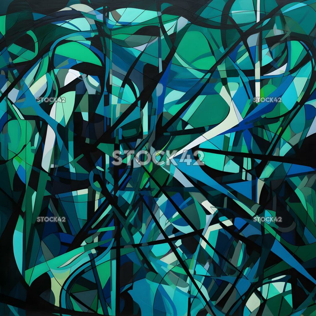 chaotic blend of blue green and black lines and shapes