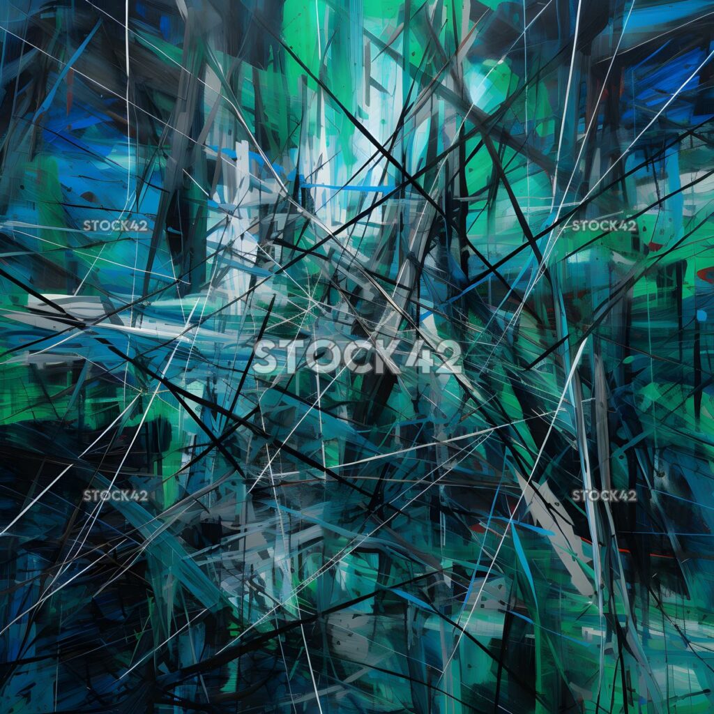 chaotic blend of blue green and black lines and shapes one