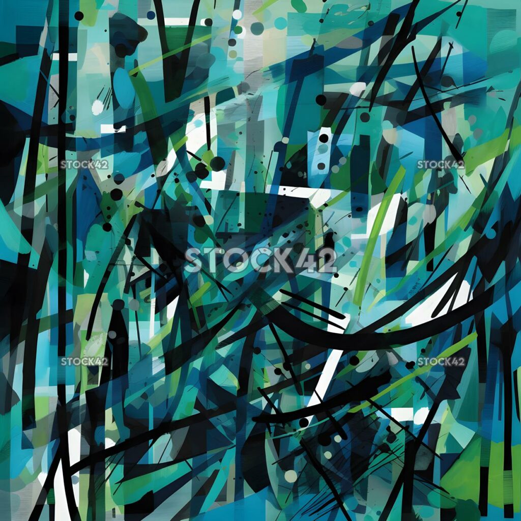 chaotic blend of blue green and black lines and shapes three