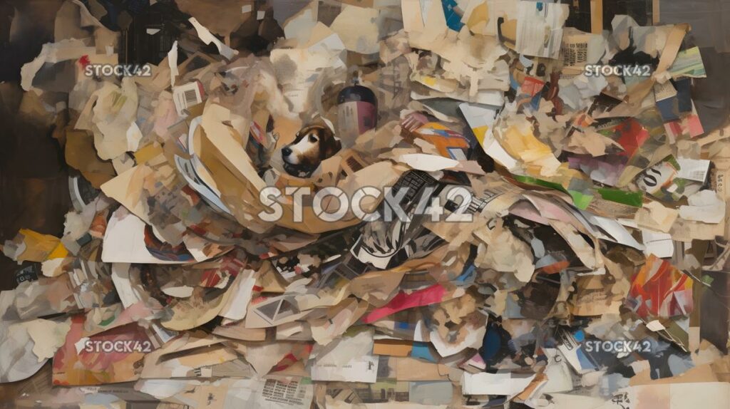 chaotic collage of torn paper and magazine clippings