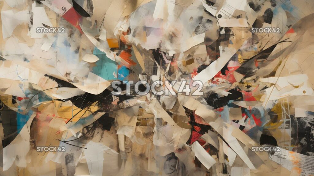 chaotic collage of torn paper and magazine clippings one