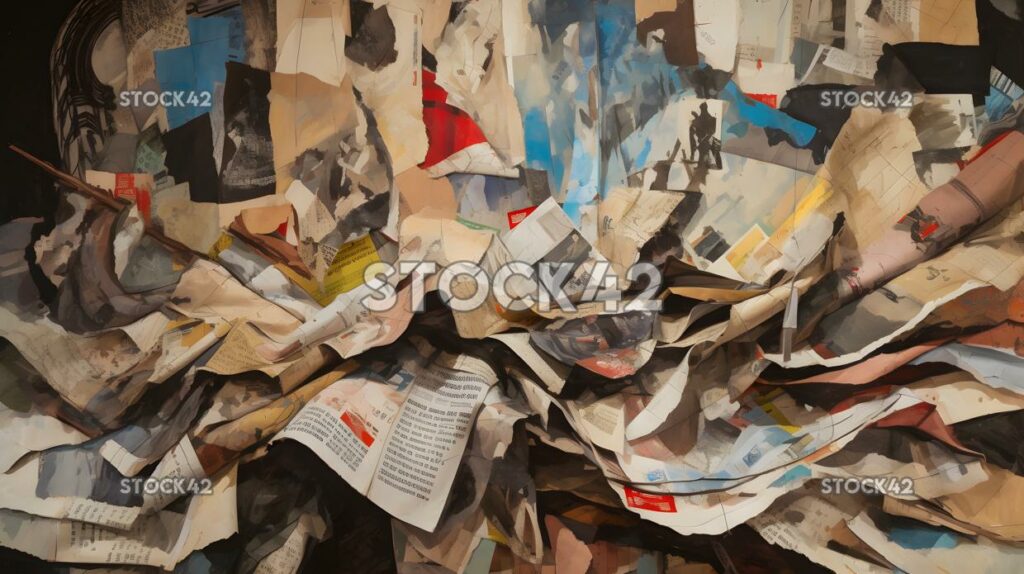 chaotic collage of torn paper and magazine clippings three