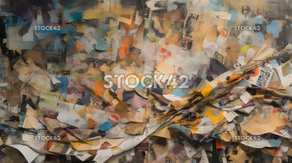 chaotic collage of torn paper and magazine clippings two