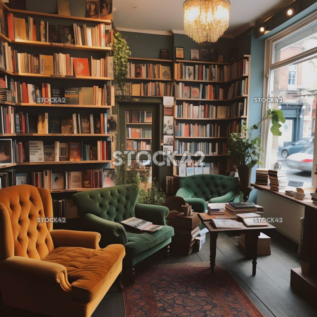 charming and cozy bookshop with shelves filled with books one