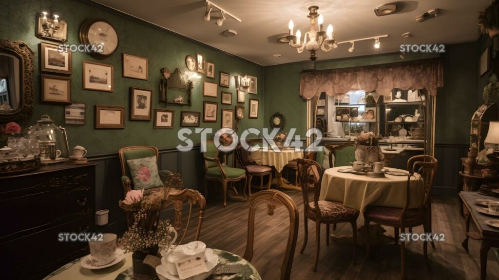 charming and quaint tea room with vintage decor and a coz