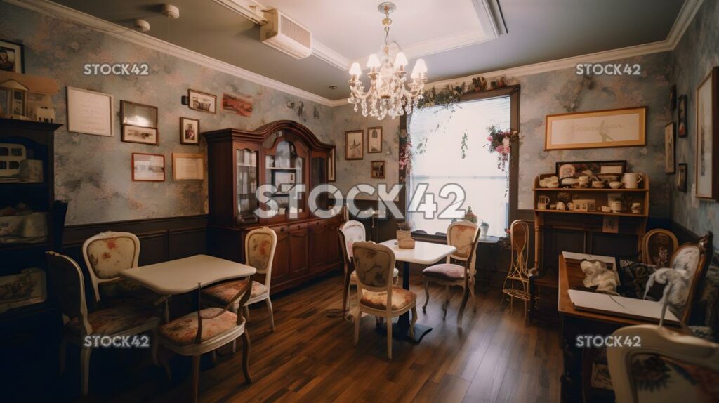 charming and quaint tea room with vintage decor and a coz one