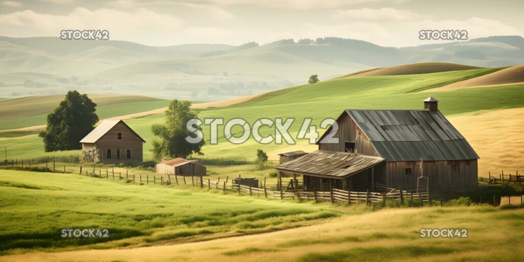 Charmante Landschaftsszene mit rustikaler Scheune und zwei