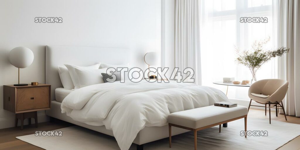 Schickes und minimalistisches Schlafzimmer mit frischer weißer Bettwäsche und M One