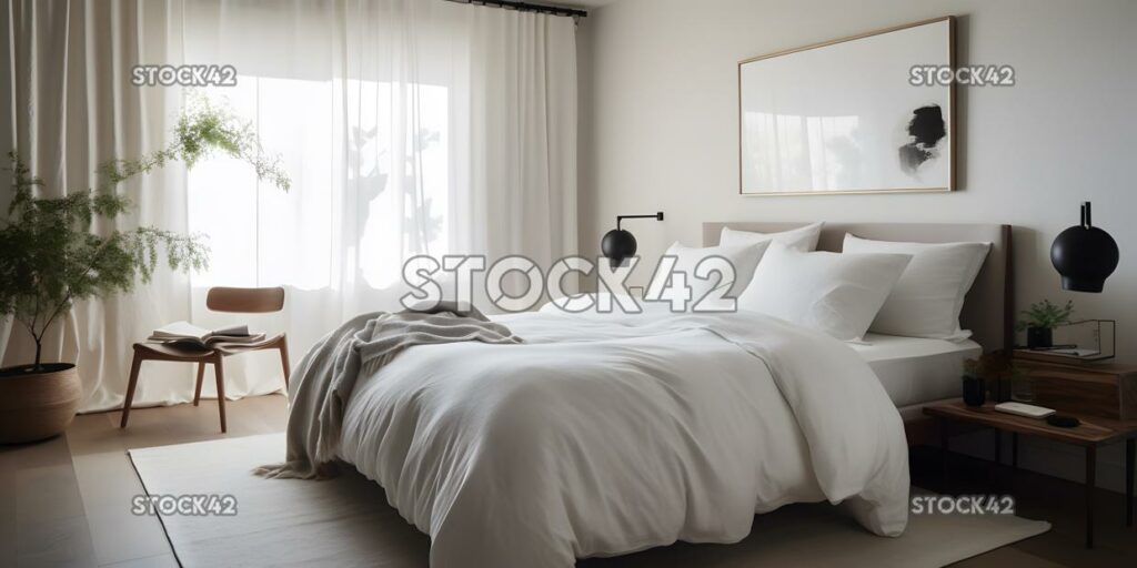 chic and minimalist bedroom with crisp white linens and m two