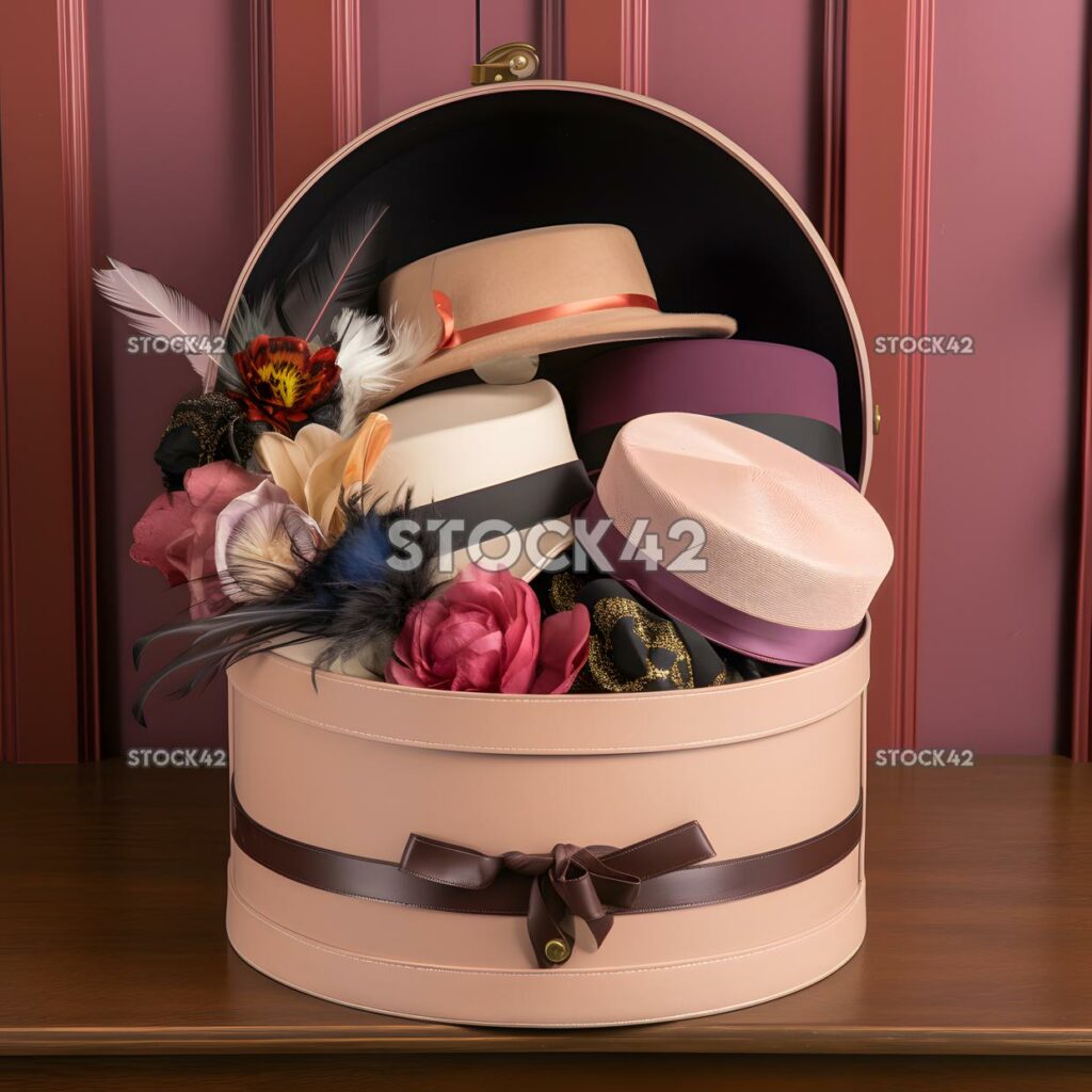 Caja de sombreros elegante y elegante llena de sombreros de diseñador y FA