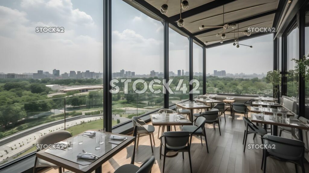 Restaurante elegante y moderno en la azotea con impresionantes vistas de dos