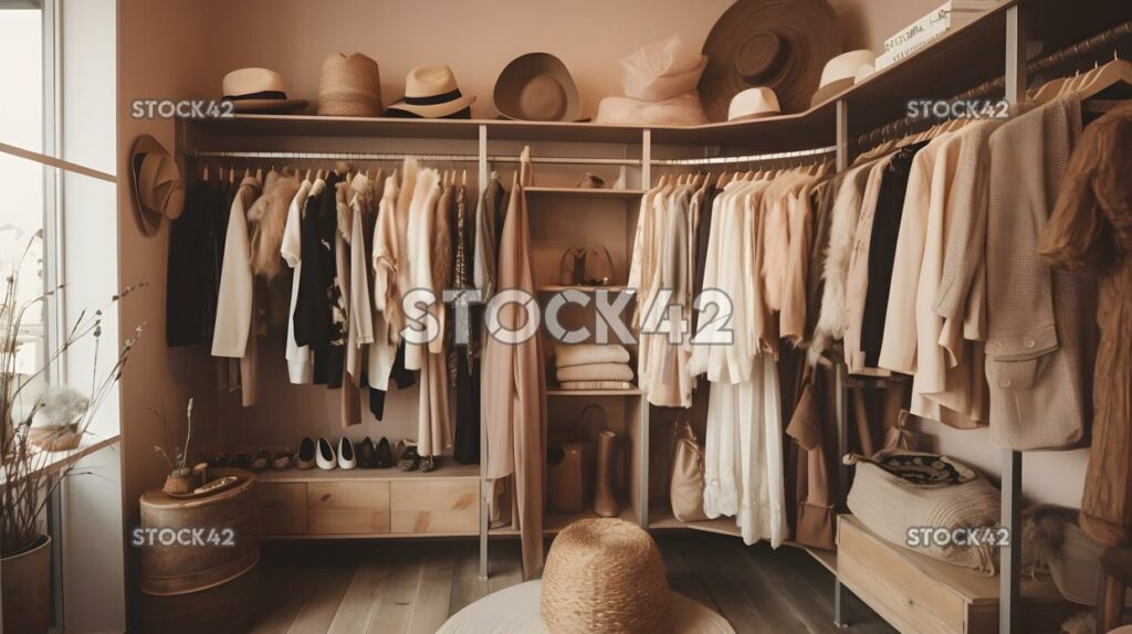 chic boutique with racks of stylish clothing and accessor one