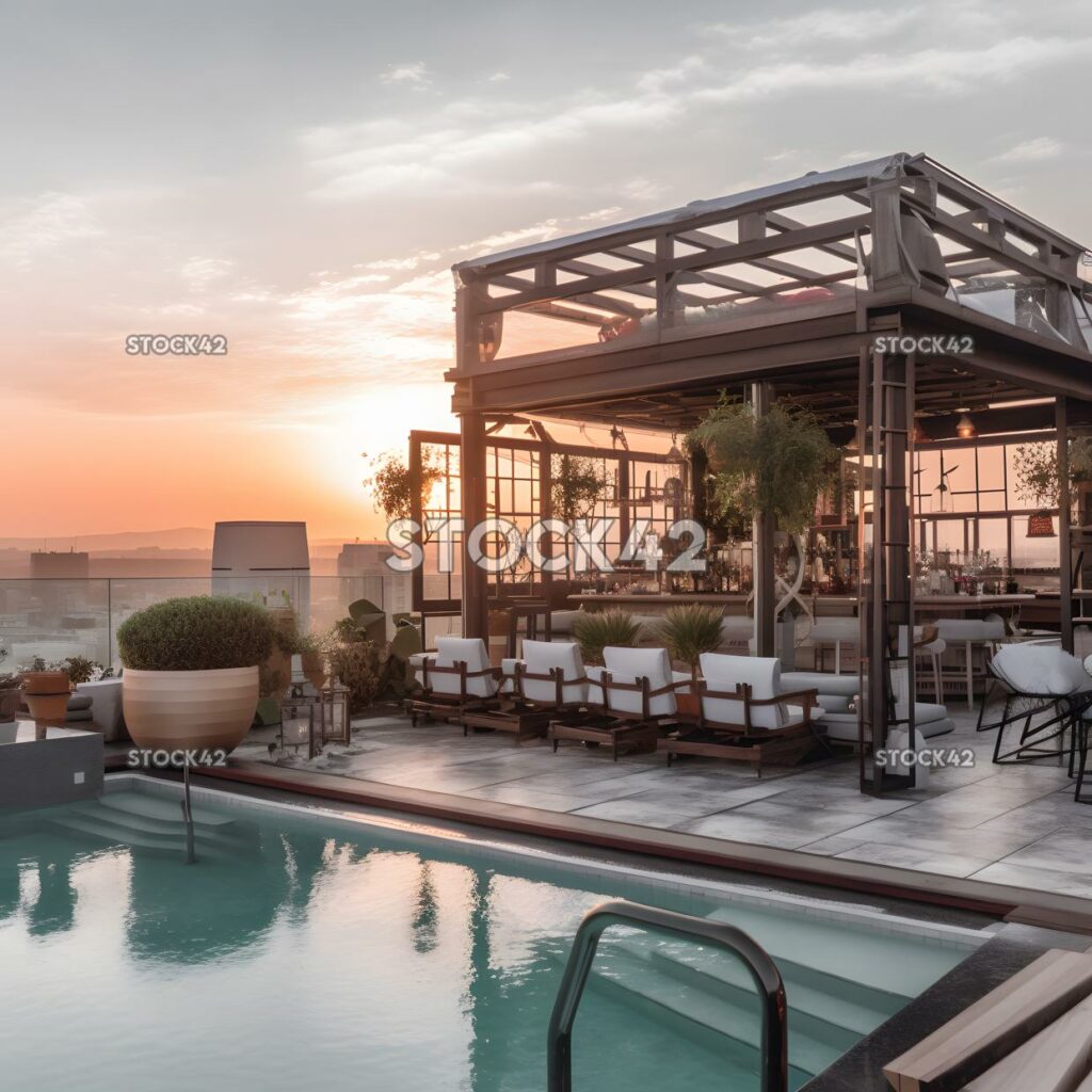 Elegante bar en la azotea con cócteles con vistas panorámicas y un poo tres