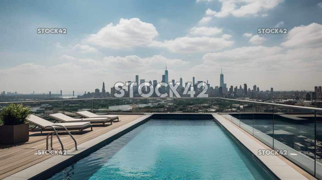 Elegante piscina en la azotea con una impresionante vista del skylin de la ciudad