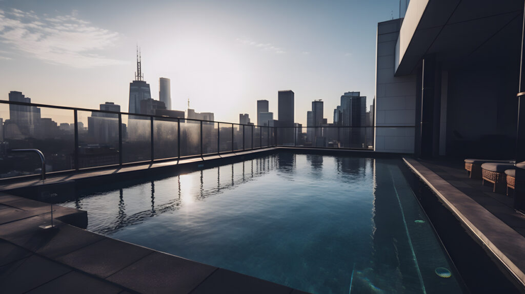 Schicker Pool auf dem Dach mit herrlichem Blick auf die Stadt Skylin One