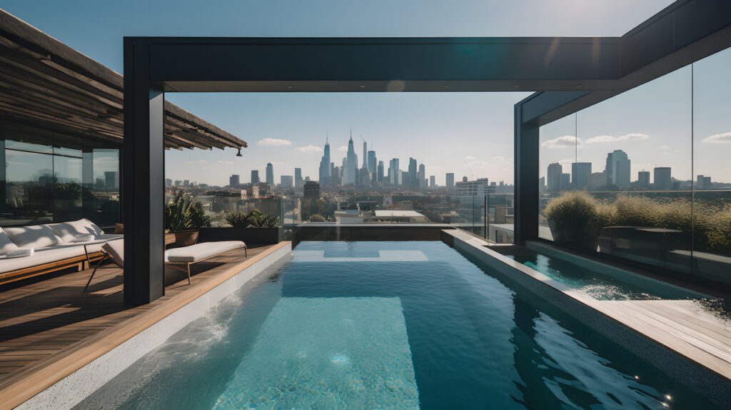 chic rooftop pool with a stunning view of the city skylin three