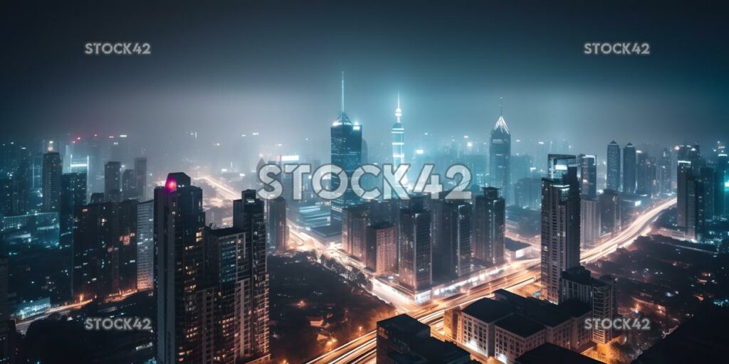 city skyline with tall buildings and bright lights