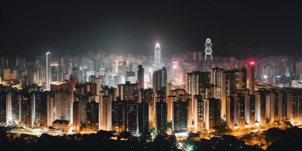 city skyline with tall buildings and bright lights three