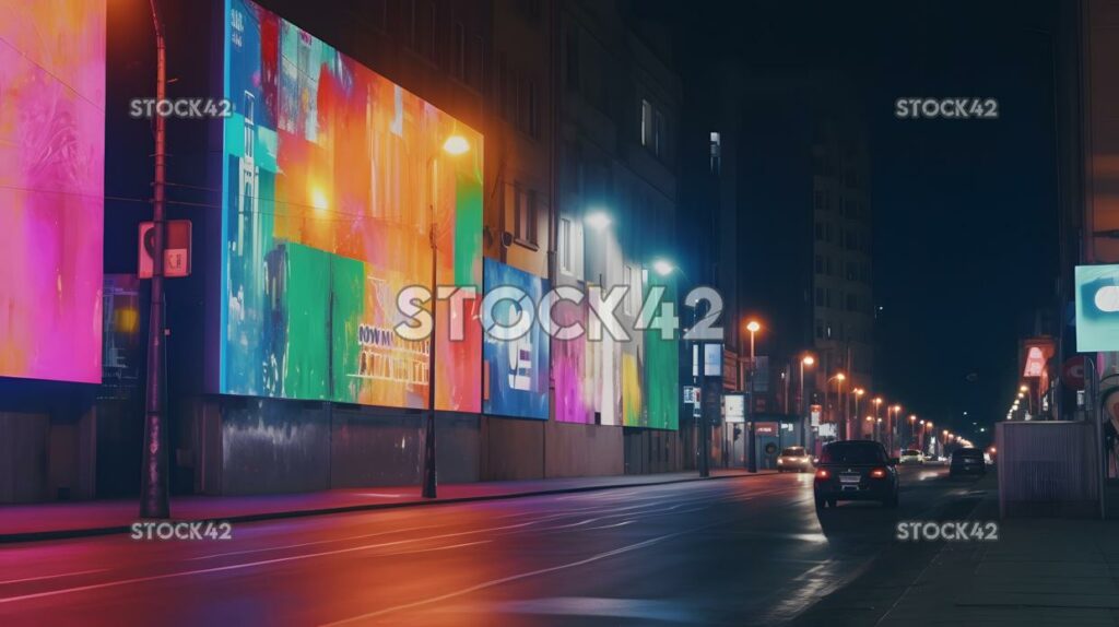 Stadtstraße mit bunten Plakaten, die für den Erfolg werben