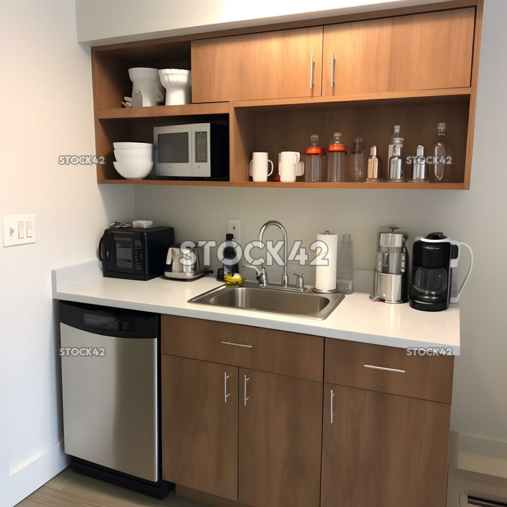 clean and modern kitchenette with coffee and tea supplies