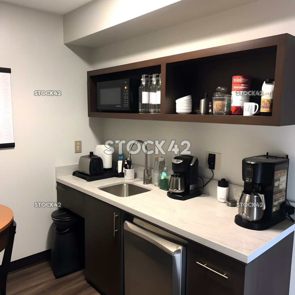 clean and modern kitchenette with coffee and tea supplies one