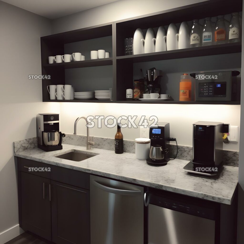 clean and modern kitchenette with coffee and tea supplies two