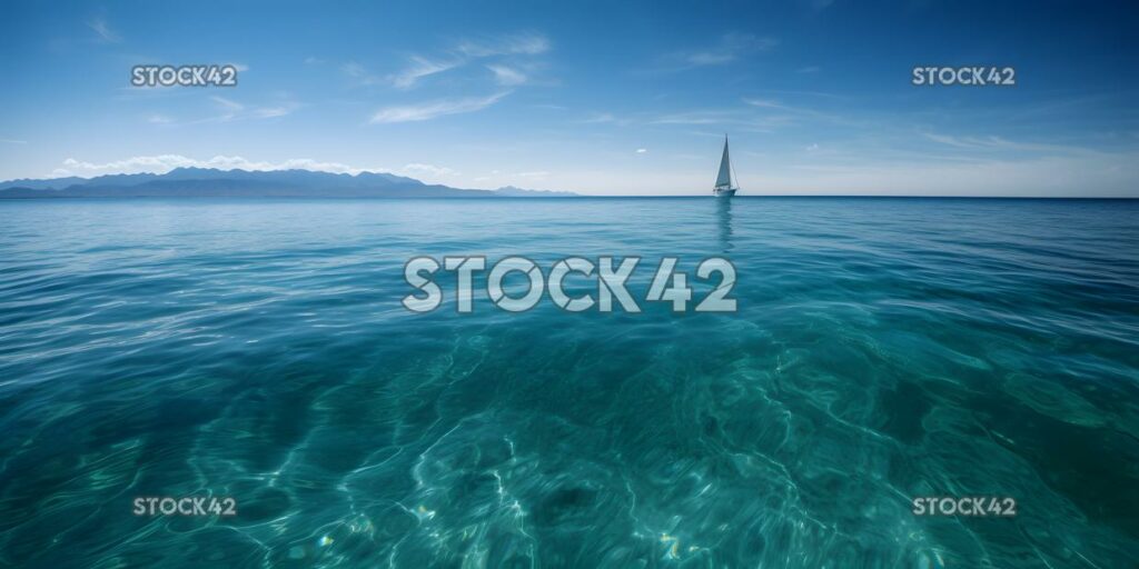 clear blue ocean with a lone sailboat in the distance sym two