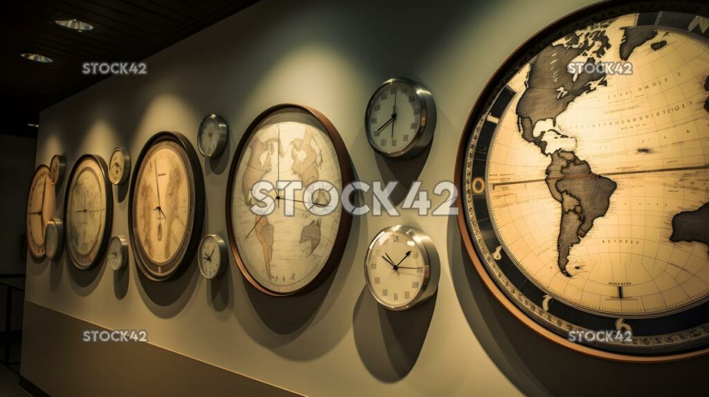 Reloj en la pared que muestra la hora en diferentes zonas horarias