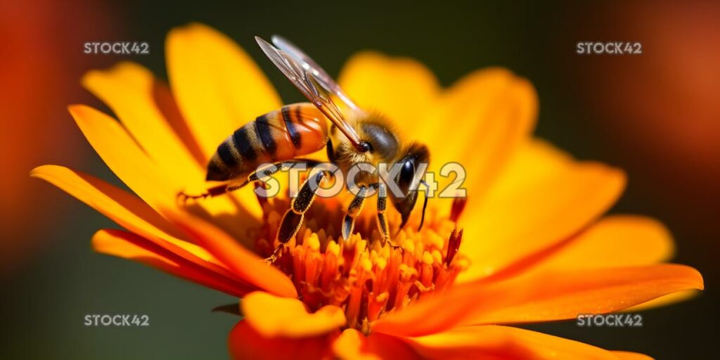 Primer plano de una abeja polinizando una flor de colores brillantes