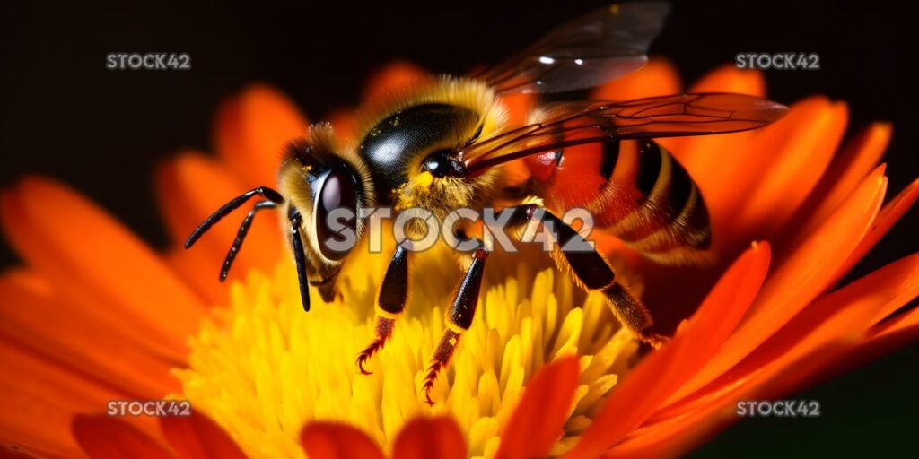 Primer plano de una abeja polinizando una flor de colores brillantes