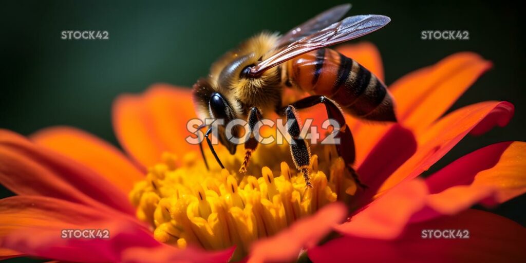 close-up of a bee pollinating a brightly colored flower three