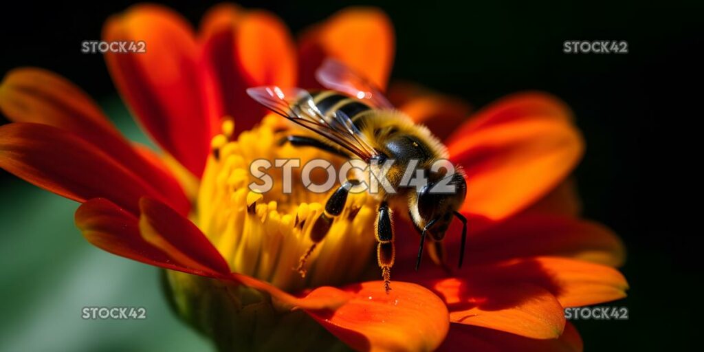 close-up of a bee pollinating a brightly colored flower two