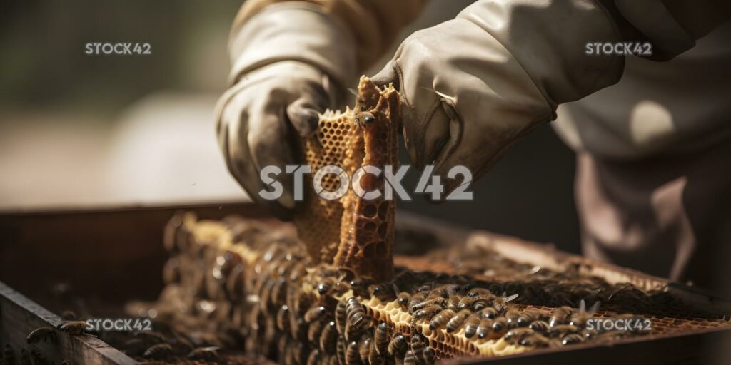 close-up of a beekeeper inspecting a beehive