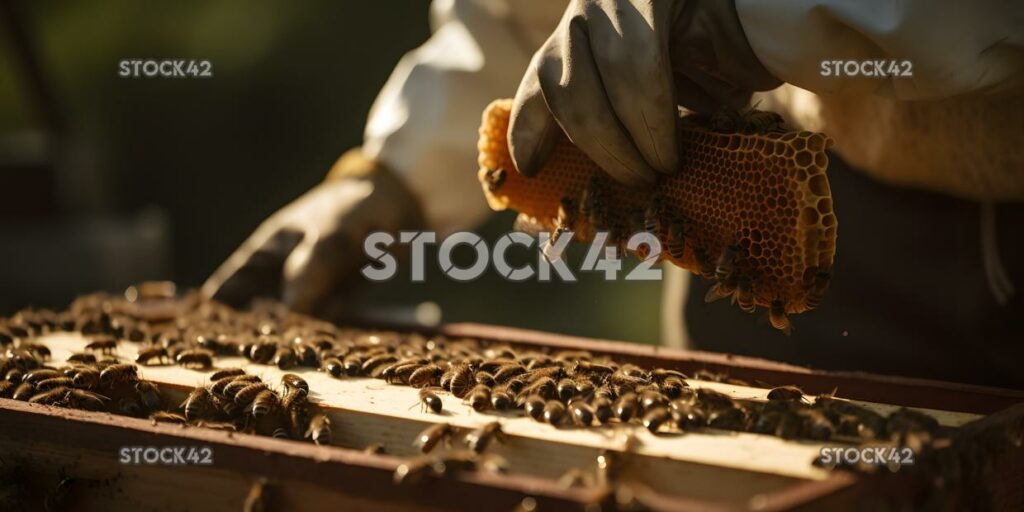 Nahaufnahme eines Imkers, der einen Bienenstock inspiziert