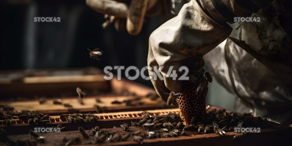 Nahaufnahme eines Imkers, der einen Bienenstock inspiziert drei