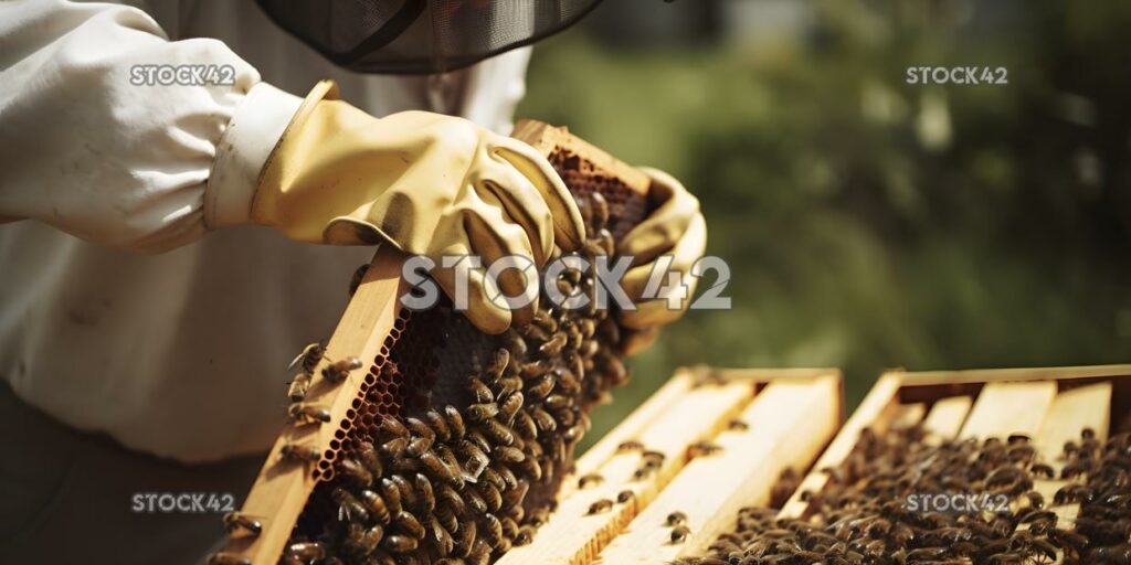 Nahaufnahme eines Imkers, der einen Bienenstock inspiziert zwei