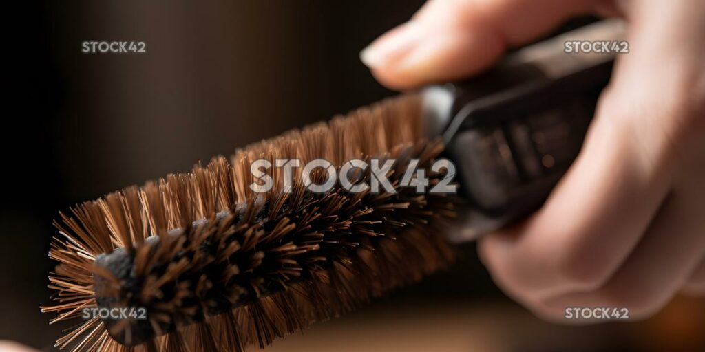 close-up of a brush being used to style a persons hair